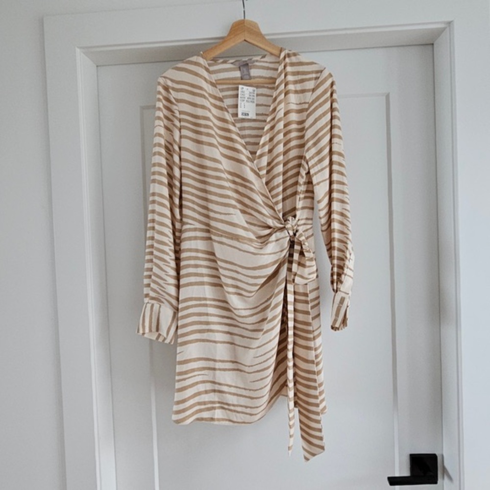 H&M Beige and White Striped Wrap Dress